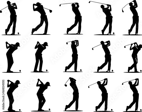 Vector sketch illustration of a collection of images of golf athletes hitting the ball on the field
