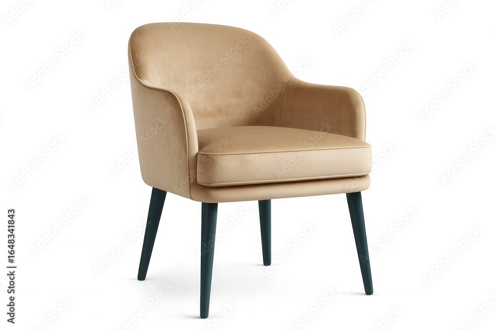 Fototapeta premium Comfortable beige velvet armchair with dark wooden legs, isolated on transparent background, perfect for interior design projects