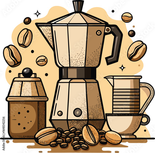 Vintage Moka Pot Coffee Maker With Beans Grinder Cup And Jug coffee beans coffee grinder