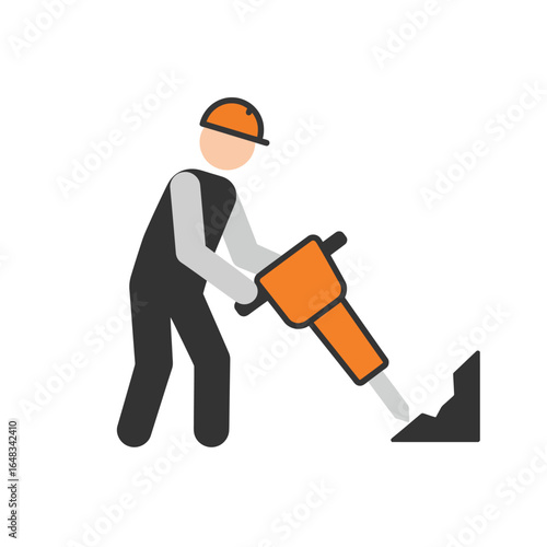 An illustrated construction worker, wearing a hard hat, uses a jackhammer to break apart a rock in a simple, flat design, suitable for business and industry.