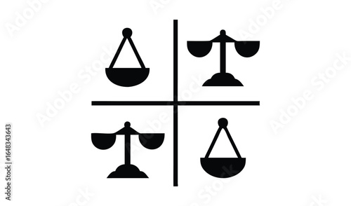Four stylized black silhouettes of scales of justice on white background