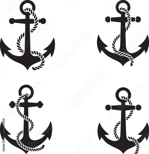 Set of four nautical anchors with rope, black and white illustrations