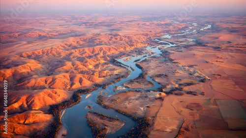 High-altitude view of a river winding through a reddish-brown landscape.