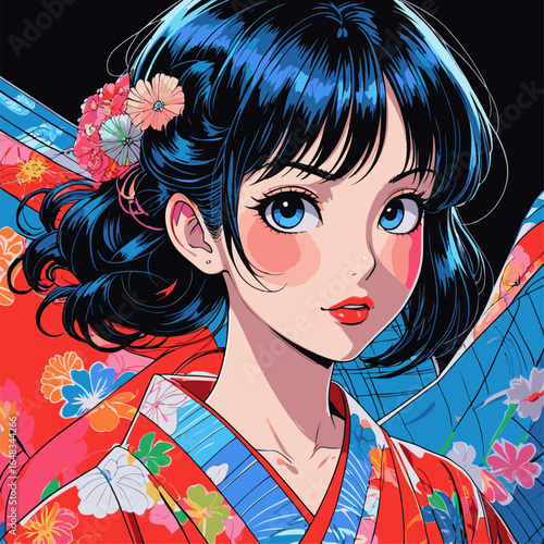 vector illustration of anime woman wearing kimono