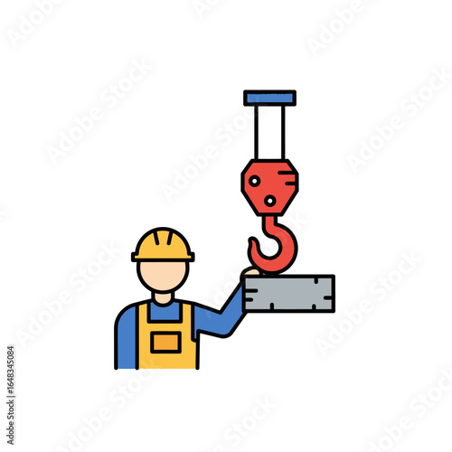 A construction worker in a hard hat operates a crane hook to lift heavy materials at a building site.