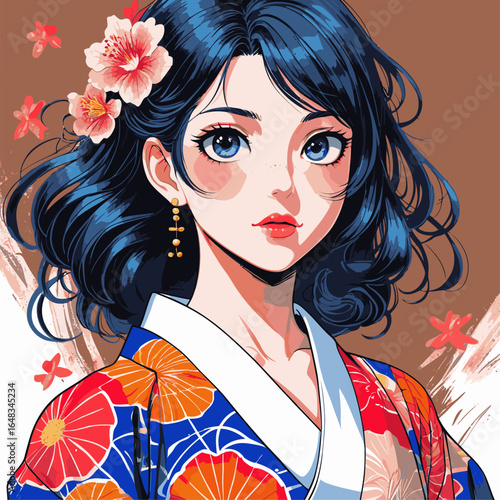 vector illustration of anime woman wearing kimono