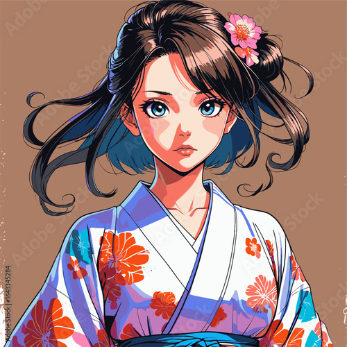 vector illustration of anime woman wearing kimono