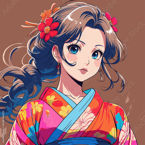 vector illustration of anime woman wearing kimono