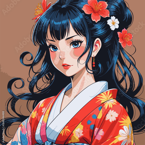 vector illustration of anime woman wearing kimono