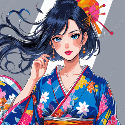 vector illustration of anime woman wearing kimono