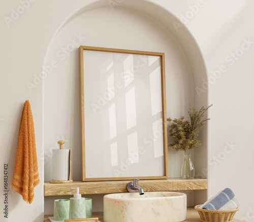 Frame mockup, ISO A paper size in Modern bathroom vanity with marble sink, wooden shelf, and cozy decor- 3D rendering