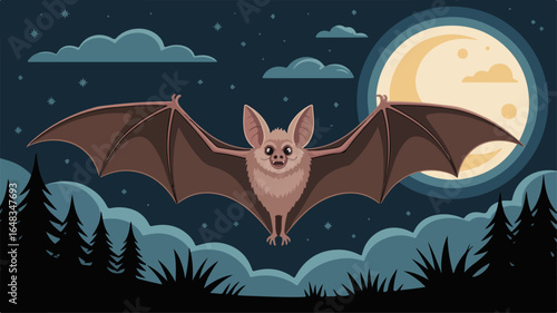Bat flying in night sky under full moon