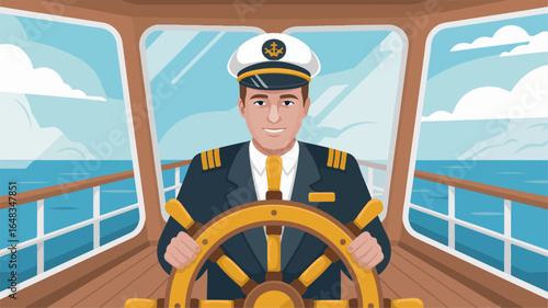 Captain at the helm steering ship in the ocean