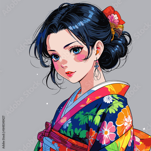 vector illustration of anime woman wearing kimono