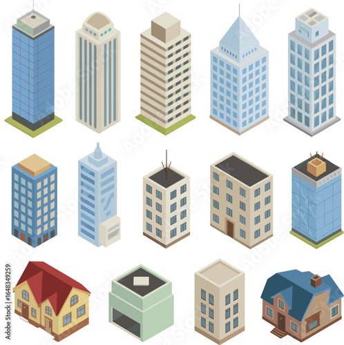 Vector City Building Set, Skyscrapers, Offices, Residential Houses, Urban Architecture Icons, Real Estate Design Elements for Construction, Infrastructure, and City Planning Themes