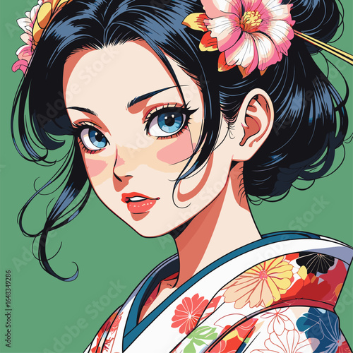 vector illustration of anime woman wearing kimono