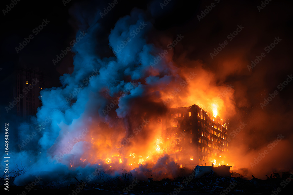 Burning building with smoke and flames during a destructive event Burning building with smoke and flames during a destructive event