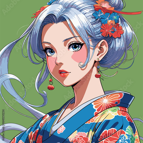 vector illustration of anime woman wearing kimono