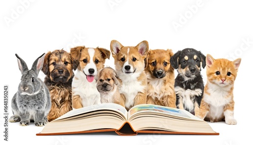 Adorable pets gathered around an open book