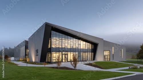 Wallpaper Mural Modern angular building with glass facade, metal panels, and large windows reflecting surroundings. Manicured lawns, Torontodigital.ca