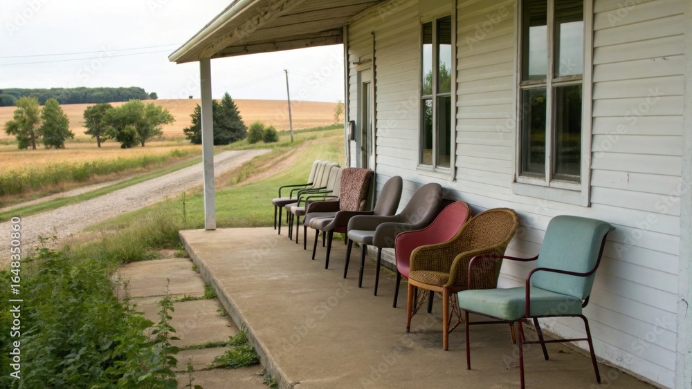 Fototapeta premium Chairs lined on a porch overlooking a rural landscape and road.