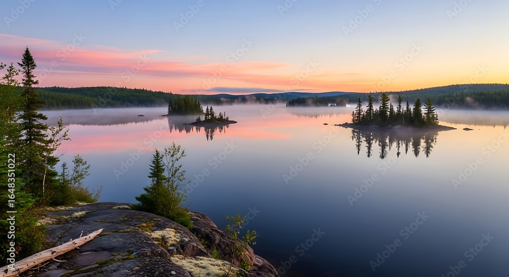 Fototapeta premium Serene lake at dawn with mist, reflections and beautiful light creating a peaceful scene