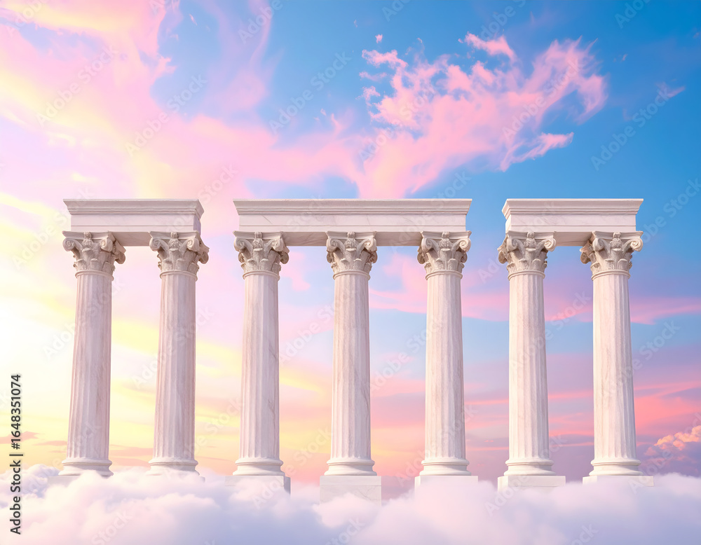 Fototapeta premium Majestic classical Greek pillars standing strong on a bed of clouds against a dreamy pastel sunset sky, a concept of foundation and heaven.