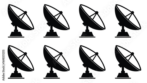 Array of black satellite dishes communication technology