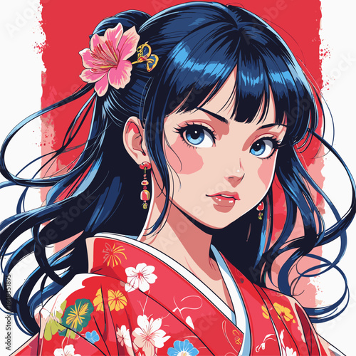 vector illustration of anime woman wearing kimono