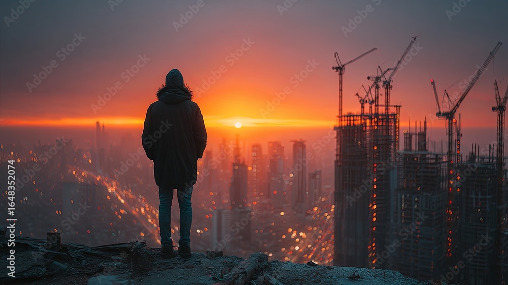 Fototapeta premium Silhouette of a person overlooking a cityscape at sunrise with construction cranes.