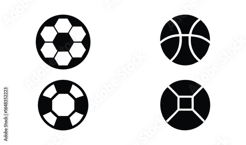 Four black and white sports balls icons on white background