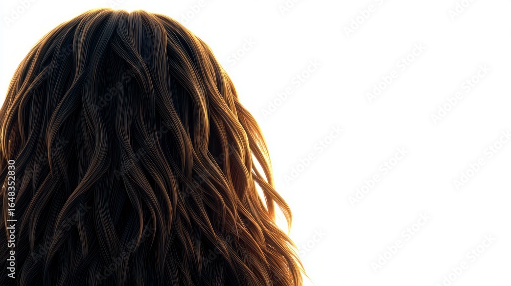 Fototapeta premium Close up from behind of a person's wavy dark brown hair illuminated by bright sunlight