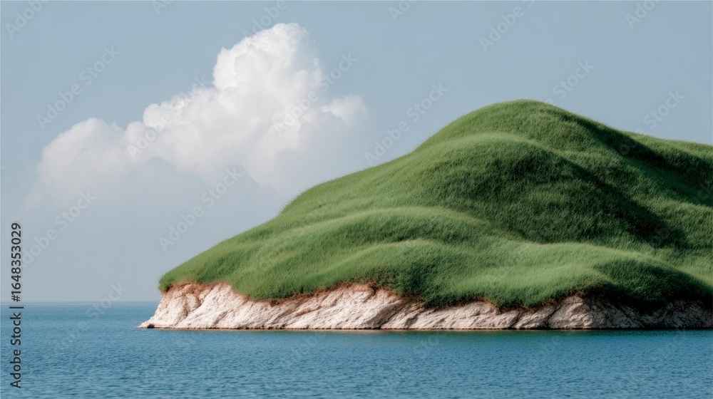 Naklejka premium Verdant grassy hill with rocky base bordering calm blue water under a cloudy sky