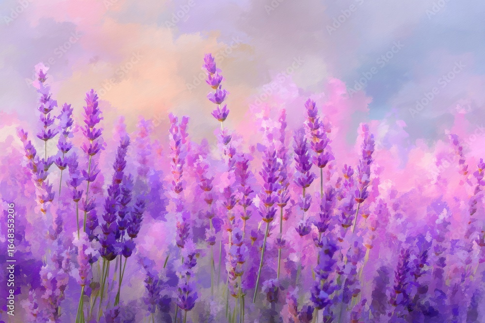 Fototapeta premium Lavender Flower Field in Soft Watercolor Painting Style