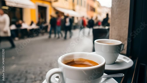 Espresso cups steam in Italy, bustling street view. Perfect for coffee marketing, cafe promotions, travel blogs, Italian culture, urban life, and tourism campaigns.