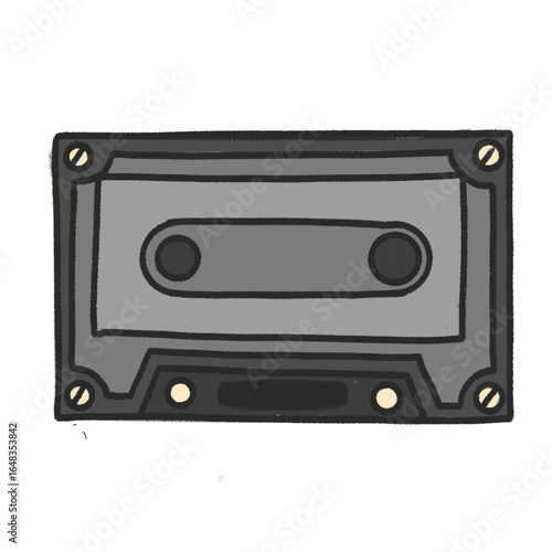 Hand-drawn illustration of a vintage cassette tape with a simple, cartoon-style design. Perfect for retro-themed media, music, and nostalgic content.