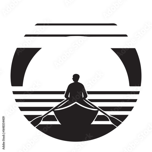 Silhouette of a lone rower in a boat against a stylized sun or moon with horizontal lines representing water or waves
