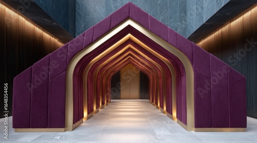 Modern purple and gold archway tunnel with ambient lighting contemporary architectural design