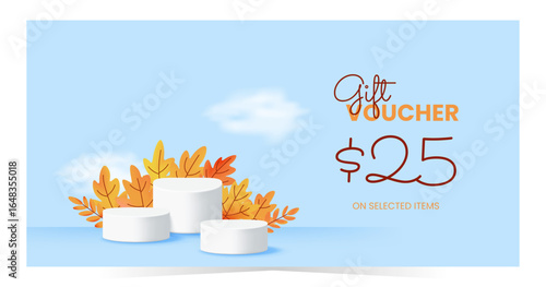 Gift voucher with 25 value, autumn leaves and 3D white podium on blue background. Ideal for product sale, fall promo or seasonal marketing. Vector illustration