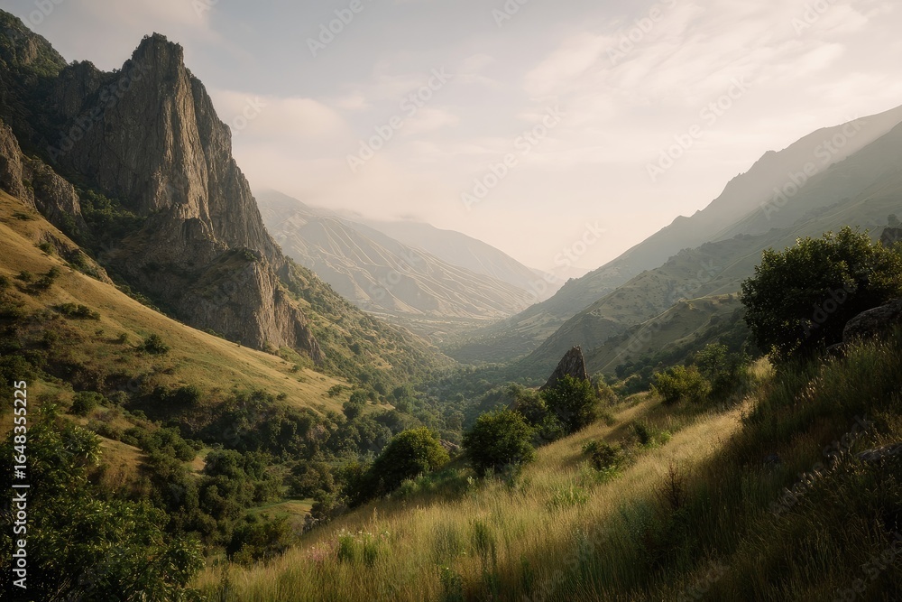 Naklejka premium Mountain valley at dawn, grassy slopes