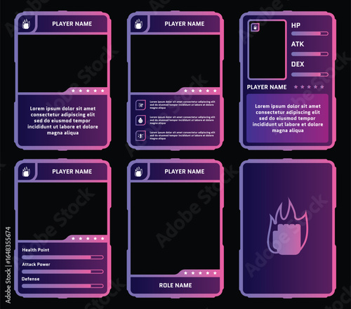 Editable Fantasy RPG Game Card Templates with gradient pink and purple color for Player Profile, Character Stats, and Role Information UI Design for Trading Card and Board Games