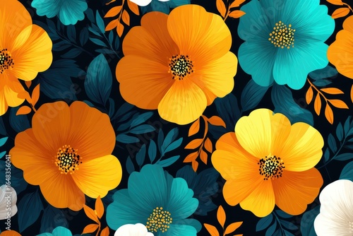 Wallpaper Mural Vivid floral pattern with orange, yellow, and teal flowers. Torontodigital.ca