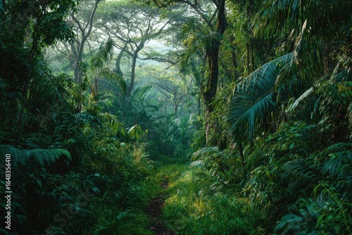 Lush, verdant jungle path, sunlight filtering through canopy