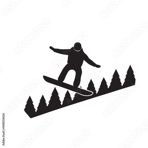 Silhouette of a bigfoot snowboarding down a snowy slope surrounded by stylized pine trees captured in a dynamic action pose