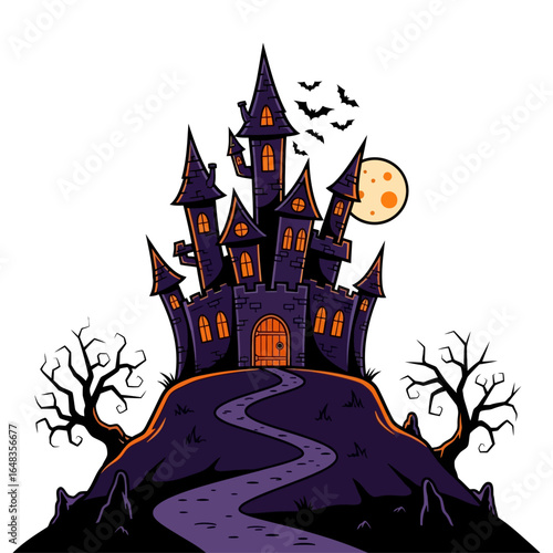 Spooky purple castle with bats and moon on hill suitable for halloweenthemed designs, mystery book covers, and fantasy illustrations.
