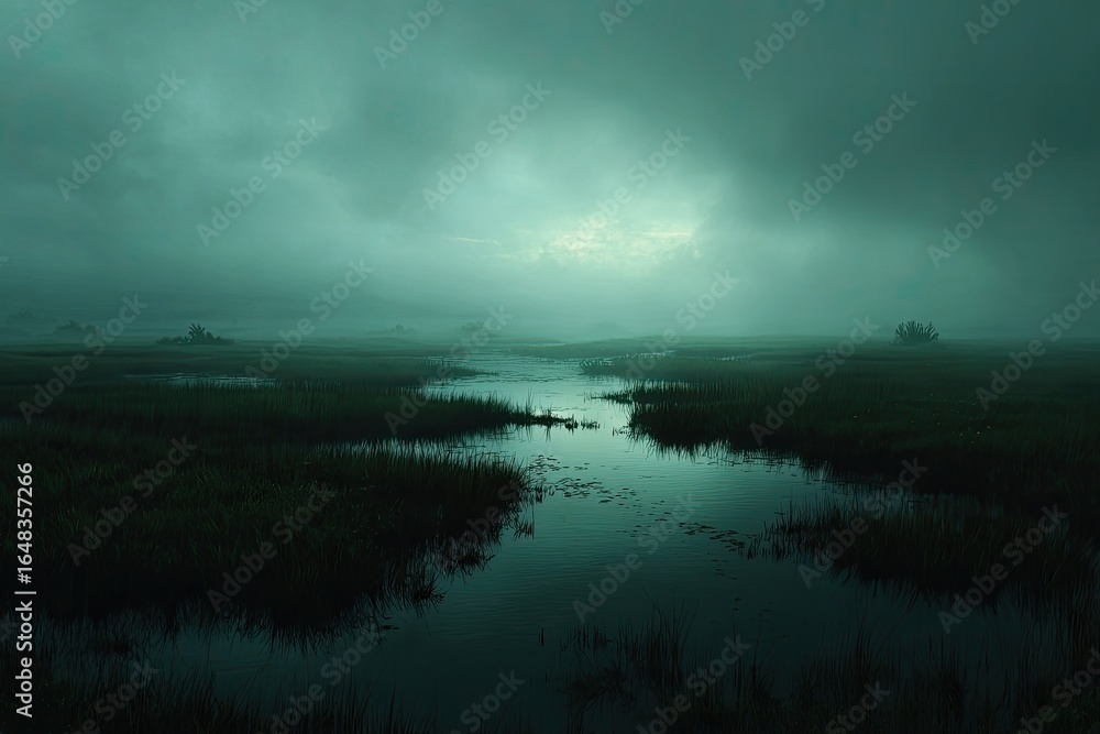 Fototapeta premium Misty, dark wetland landscape under a brooding sky