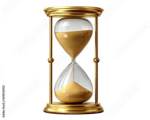 Classic hourglass with golden frame and flowing sand, symbolizing time passing, patience, and vintage elegance, isolated on transparency background