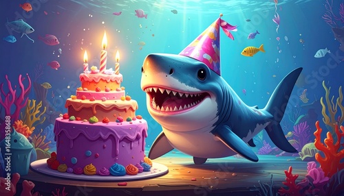 3D style baby shark with a birthday hat and a big cake