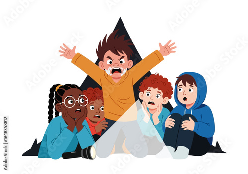 Five children showing emotions of fear and anger in a group setting. A relatable image for childrens mental health resources.