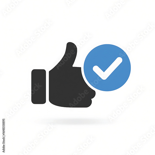 Vector of thumb up with check mark. Icon of opinion. Pictogram of assessment, evaluation, feedback. Symbol of positive attitude